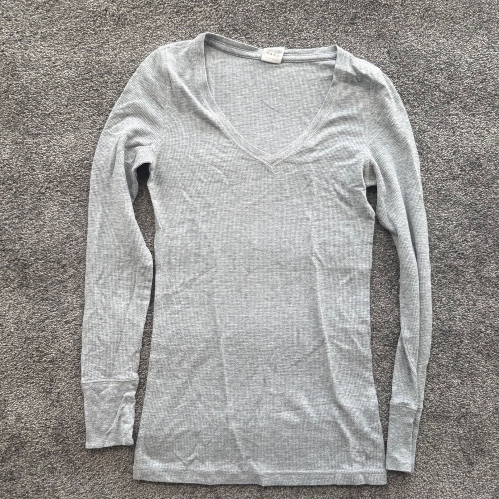 Victorias Secret PINK Womens S V-Neck Thermal Long Sleeve Top Heather Grey Small